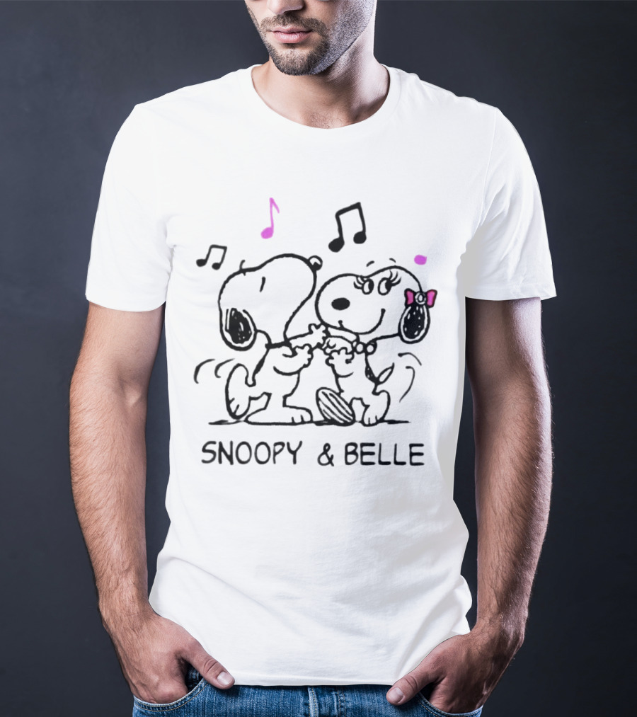 Snoopy And Belle Dancing With Musical Notes And Pink Accents T-Shirt
