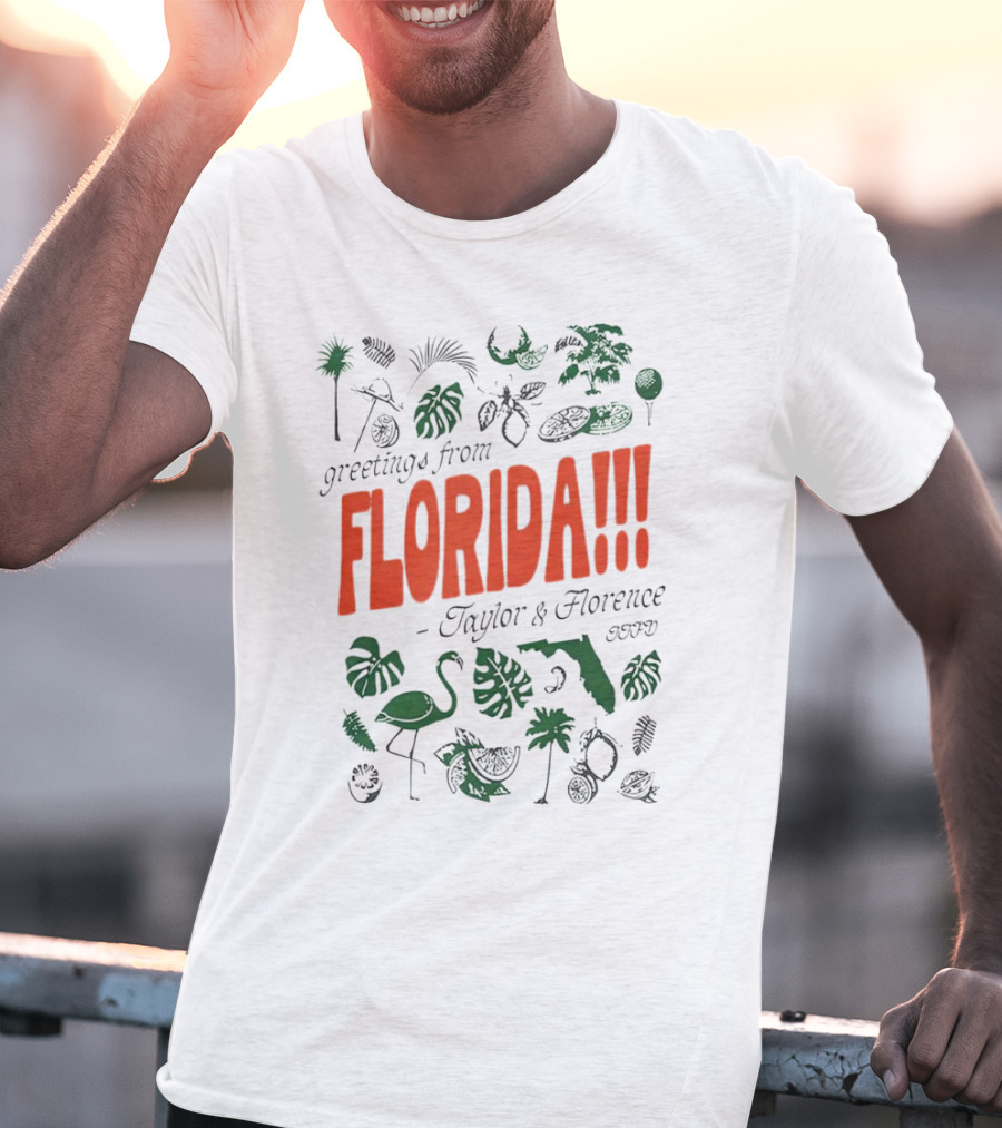 Greetings From Florida Taylor And Florence TTPD Flamingo Palm Map Iconic Tropical T-Shirt