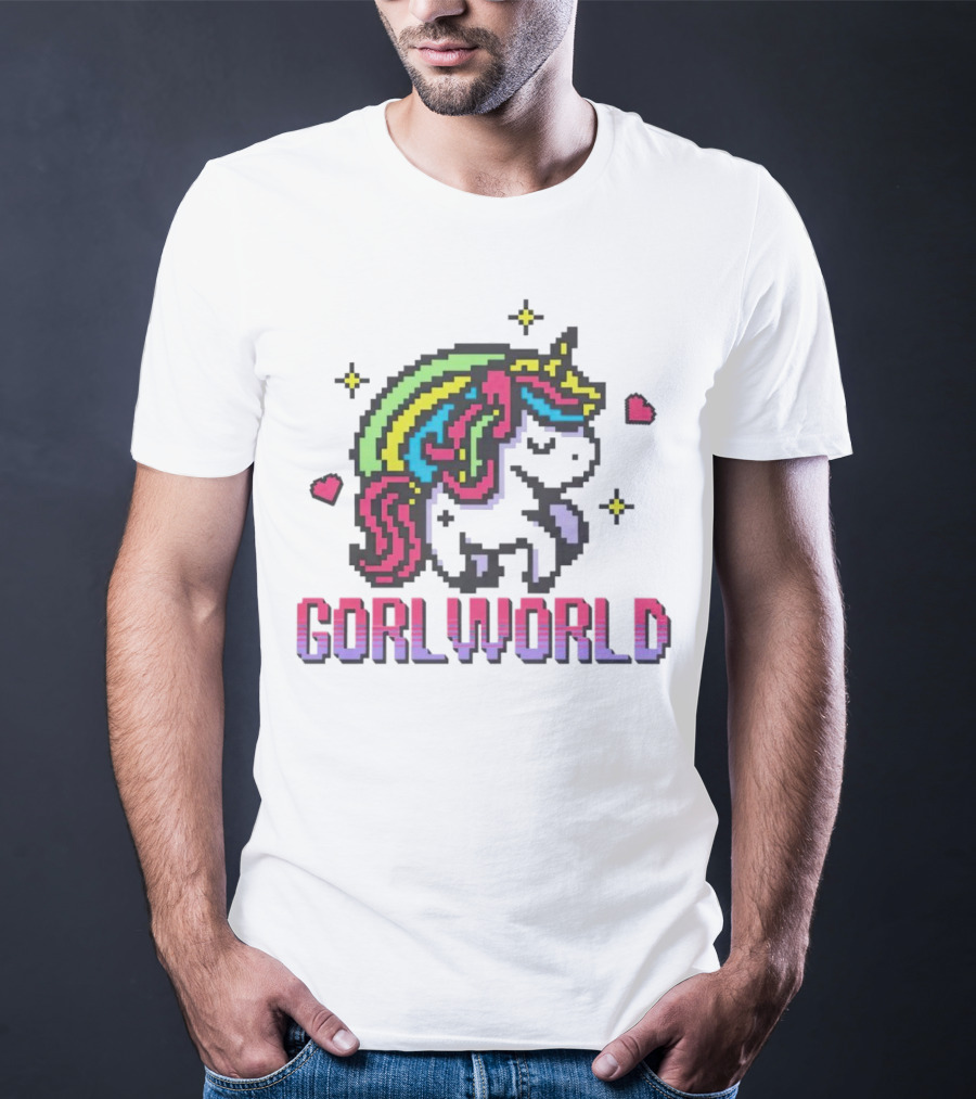 Gorl World Unicorn Retro Pixel Art Rainbow Hearts T-Shirt