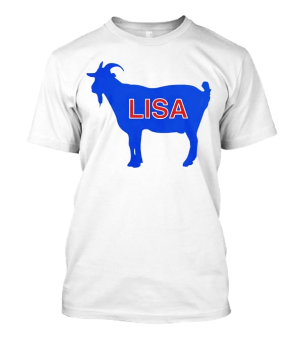 Lisa L Dubbs Goat Silhouette With Name In Bold Red Letters Blue Background T-Shirt