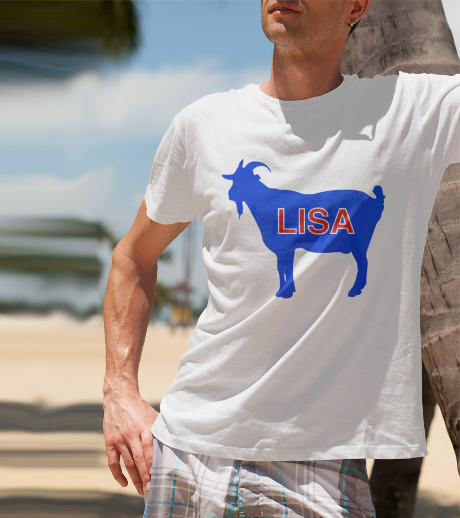Lisa L Dubbs Goat Silhouette With Name In Bold Red Letters Blue Background T-Shirt