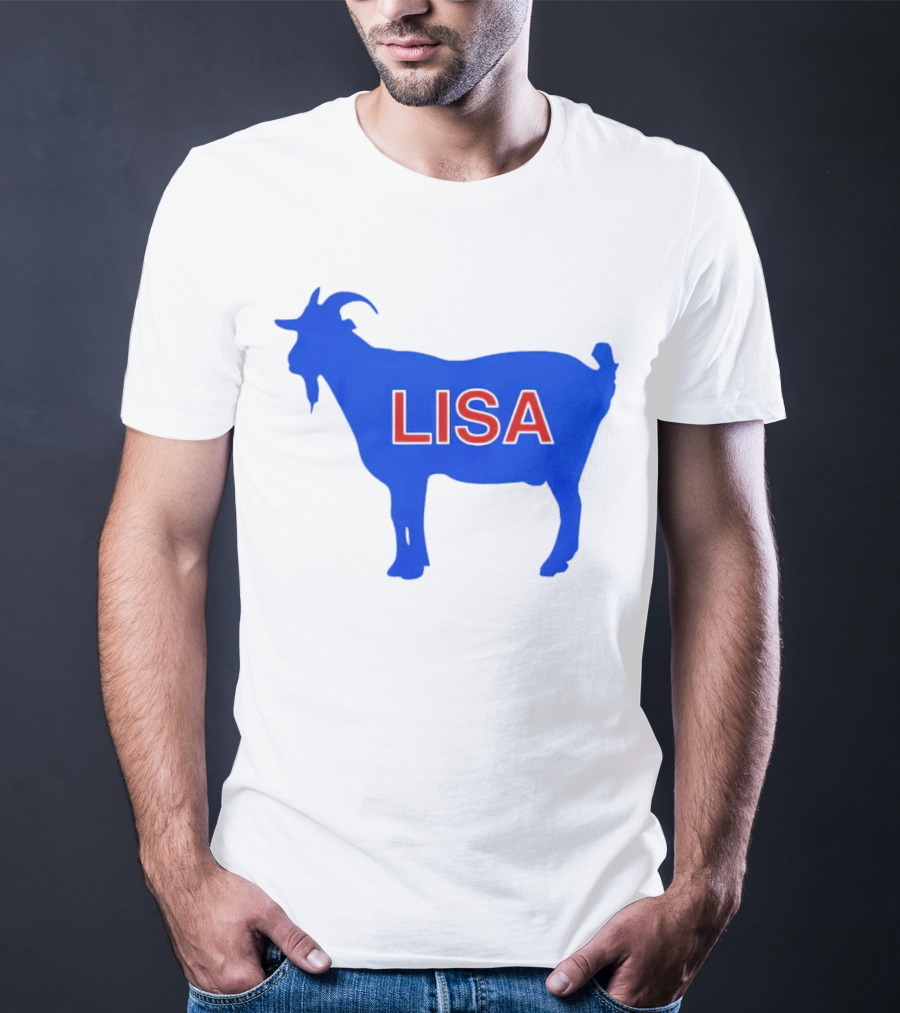 Lisa L Dubbs Goat Silhouette With Name In Bold Red Letters Blue Background T-Shirt