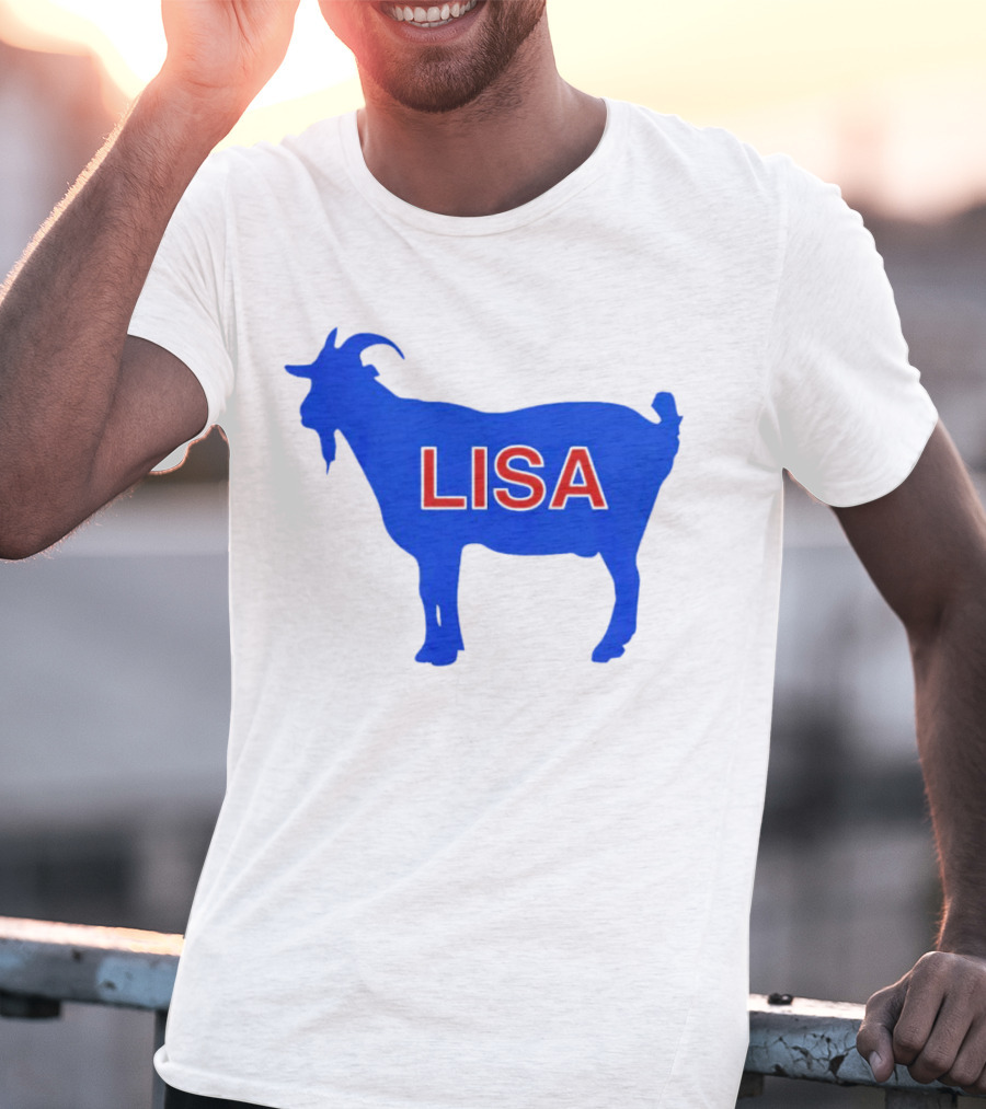 Lisa L Dubbs Goat Silhouette With Name In Bold Red Letters Blue Background T-Shirt