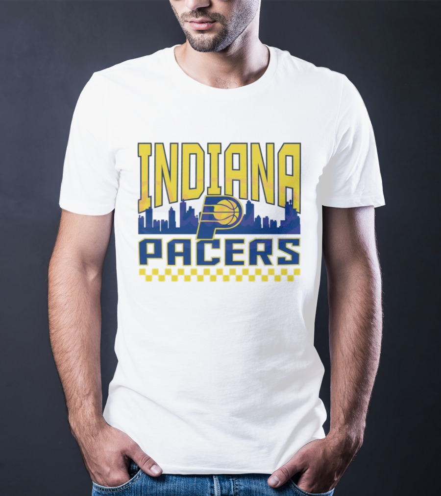 Indiana Pacers NBA Logo Skyline With Checkered T-Shirt