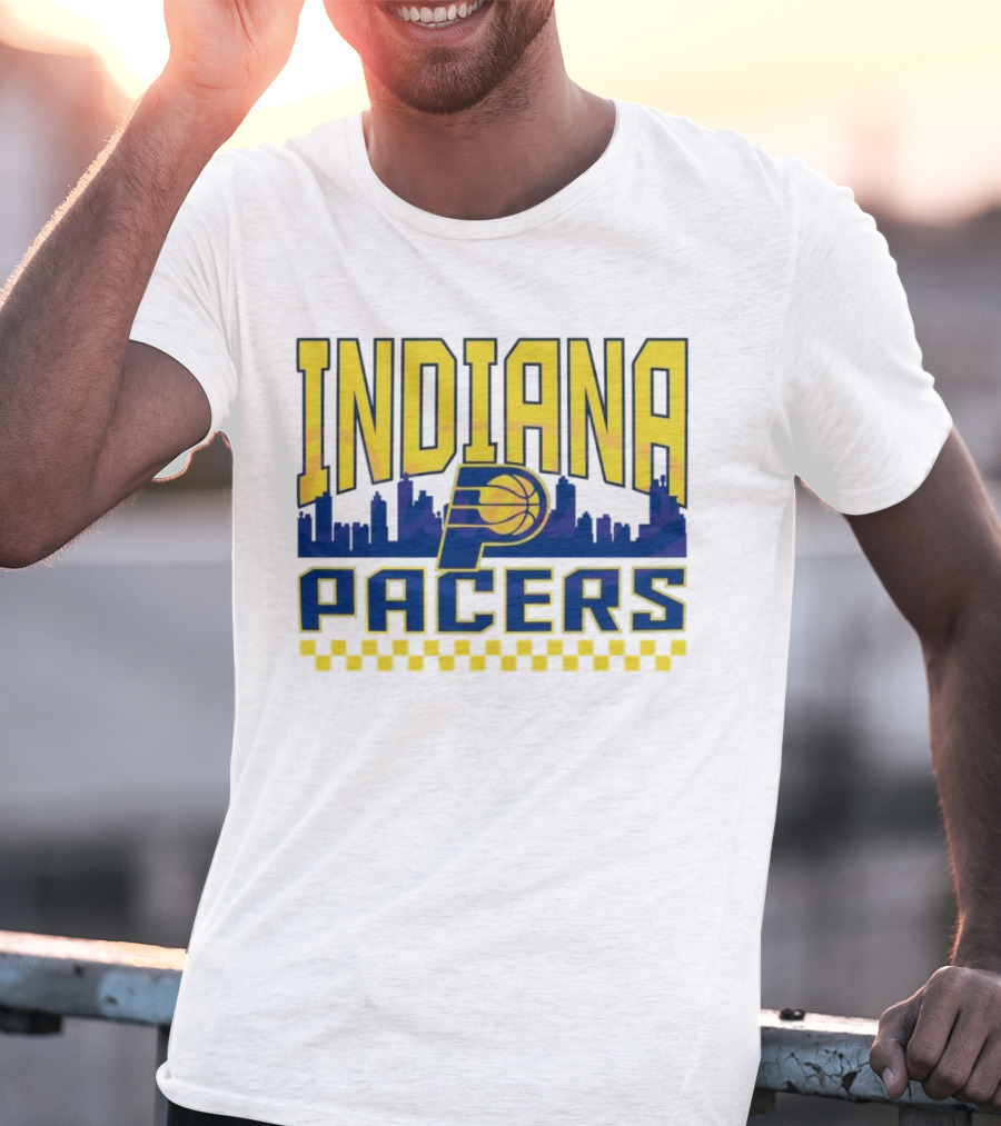 Indiana Pacers NBA Logo Skyline With Checkered T-Shirt