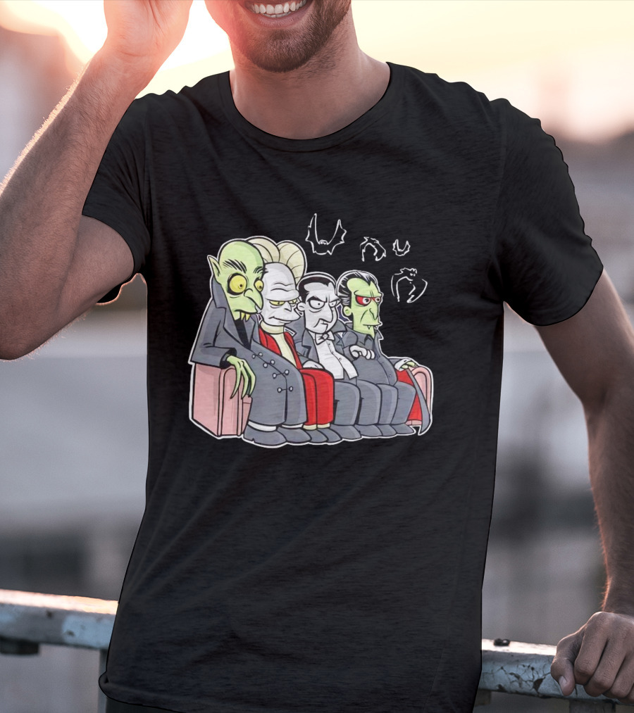 Various Versions Of Draculas Seated On A Couch With Bat Symbols T-Shirt