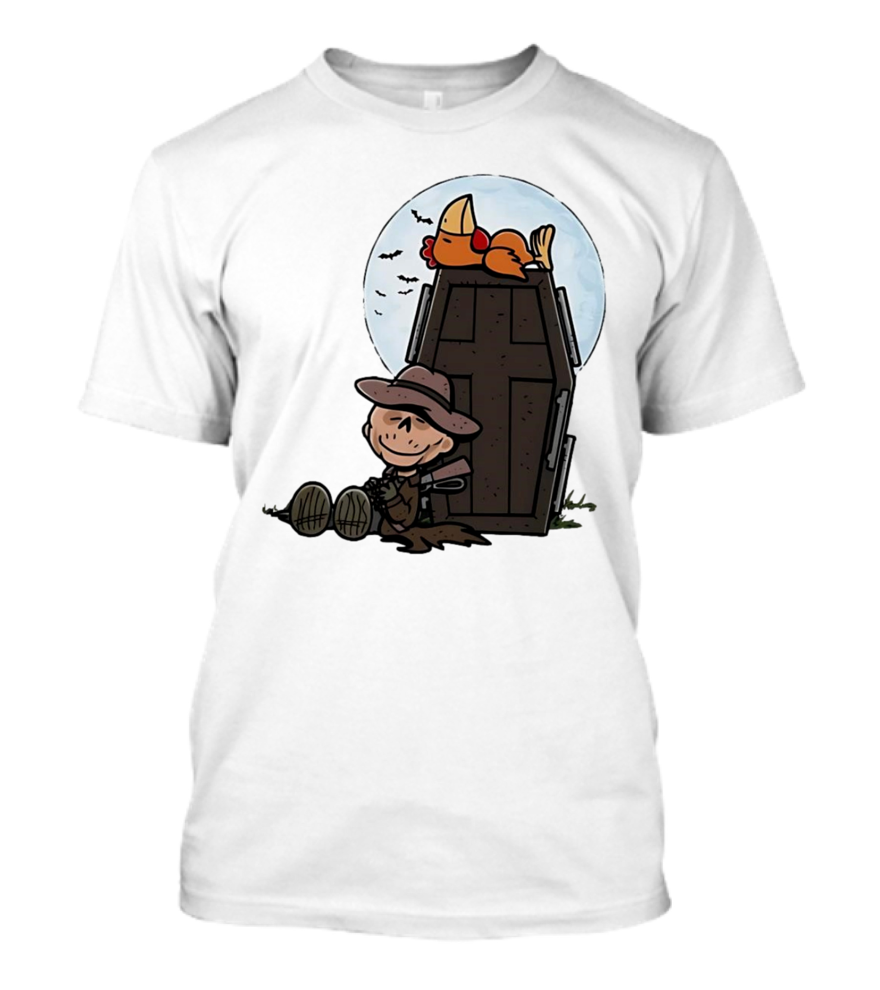 Ghoul And A Chicken From Fallout Peanuts Style Sitting By Coffin Under Moon With Bats T-Shirt