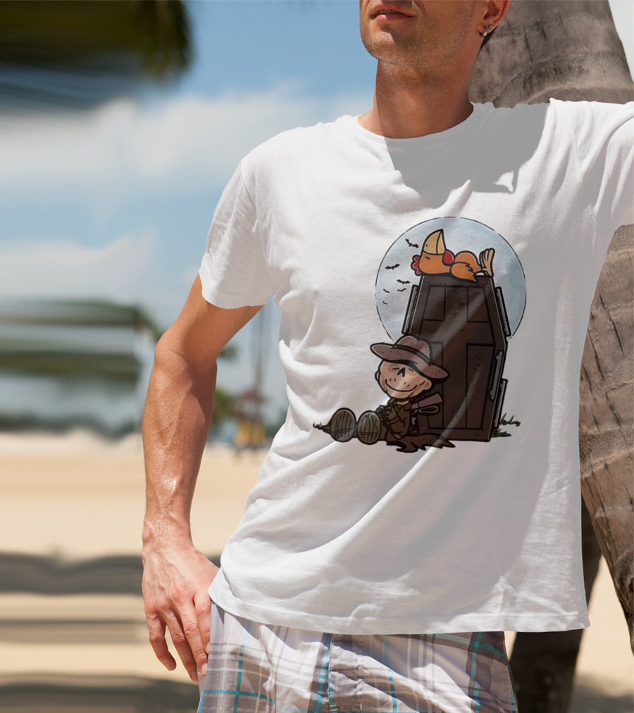 Ghoul And A Chicken From Fallout Peanuts Style Sitting By Coffin Under Moon With Bats T-Shirt