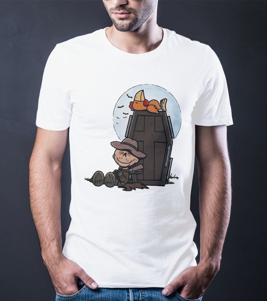 Ghoul And A Chicken From Fallout Peanuts Style Sitting By Coffin Under Moon With Bats T-Shirt