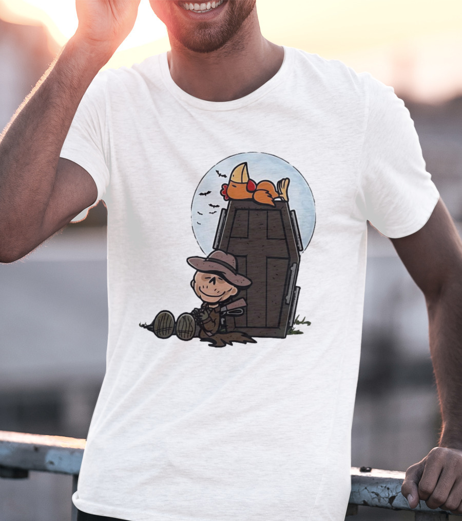 Ghoul And A Chicken From Fallout Peanuts Style Sitting By Coffin Under Moon With Bats T-Shirt