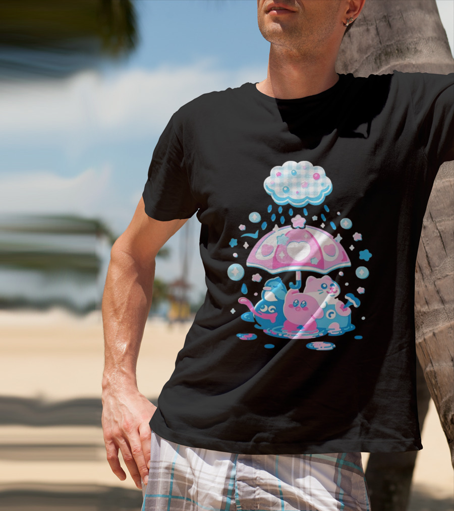 Kirby Gooey And Rick Under Heart Umbrella With Stars And Raindrops T-Shirt