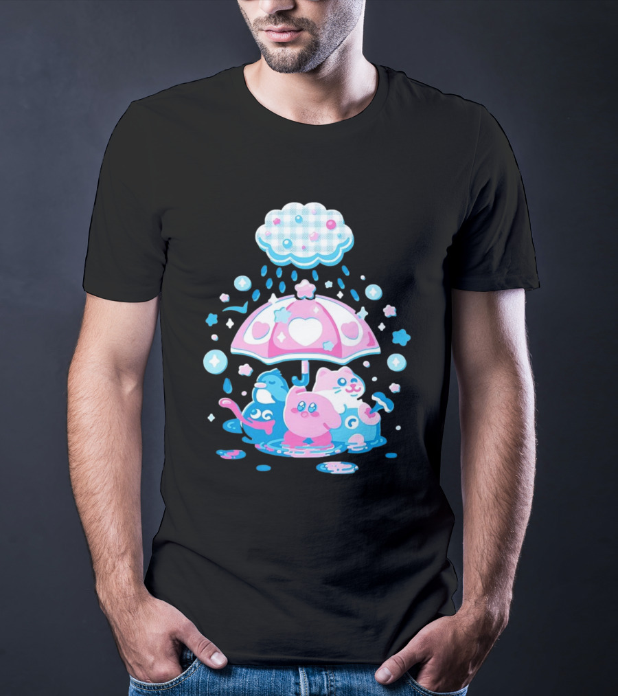 Kirby Gooey And Rick Under Heart Umbrella With Stars And Raindrops T-Shirt