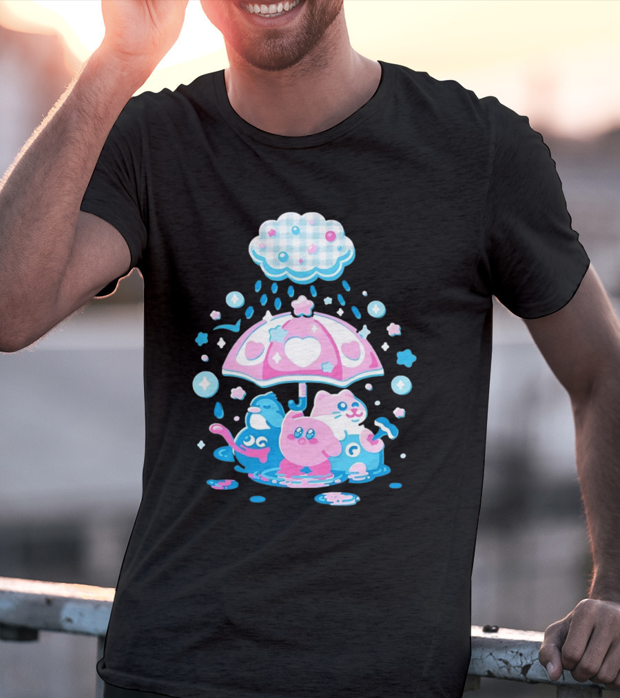 Kirby Gooey And Rick Under Heart Umbrella With Stars And Raindrops T-Shirt