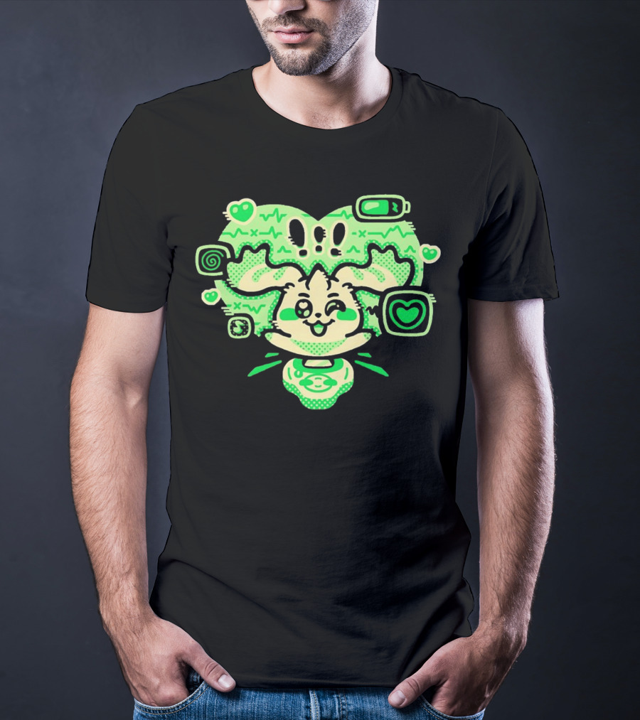 Terriermon Digimon Iconic Green Heartbeat Motif With Digital Symbols T-Shirt