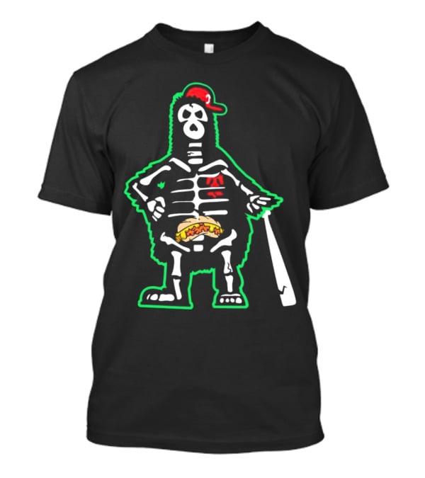 Phillie Phanatic Skeleton With Baseball Bat And Hot Dog Belly T-Shirt