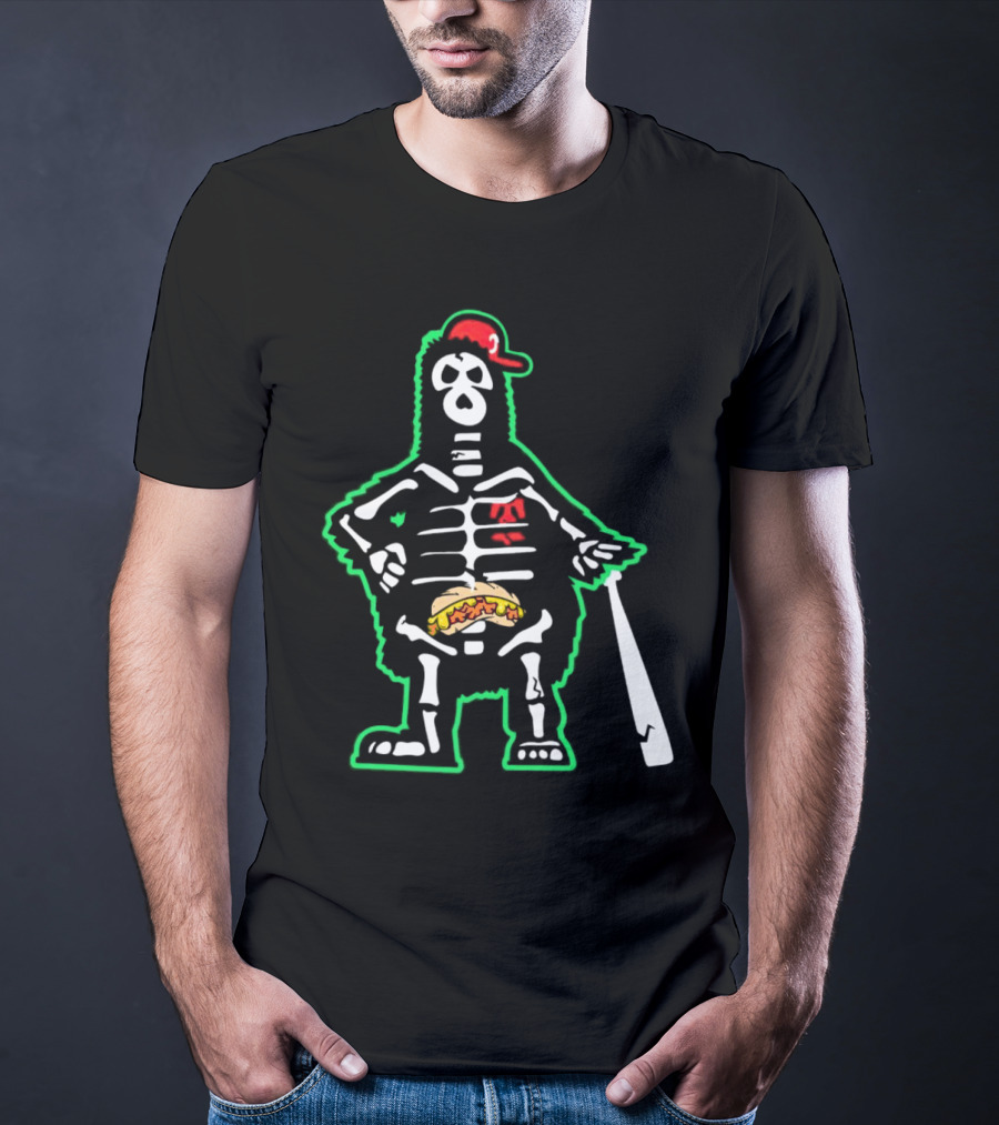 Phillie Phanatic Skeleton With Baseball Bat And Hot Dog Belly T-Shirt