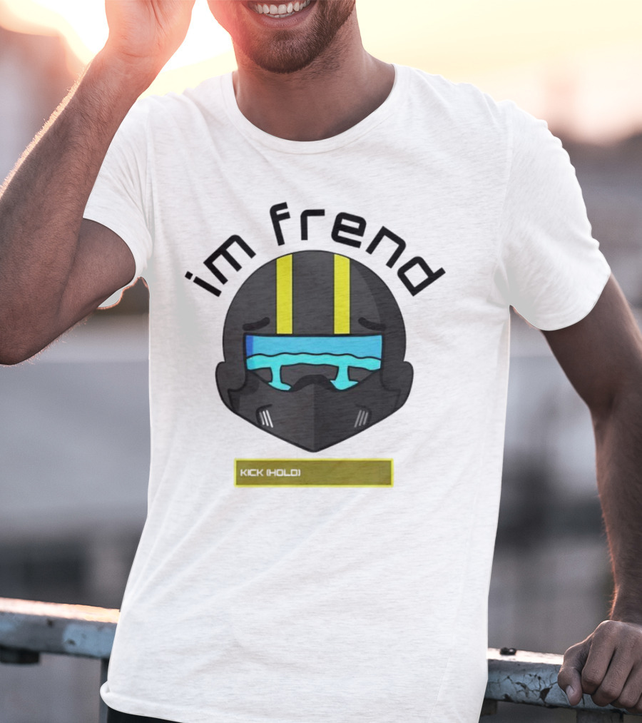 Im Frend Kick Hold Black Helmet Yellow Stripes Blue Visor T-Shirt