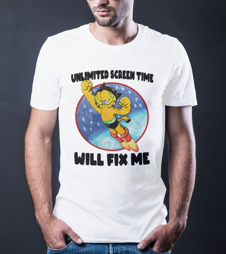 Unlimited Screen Time Will Fix Me Garfield Superhero Flight T-Shirt