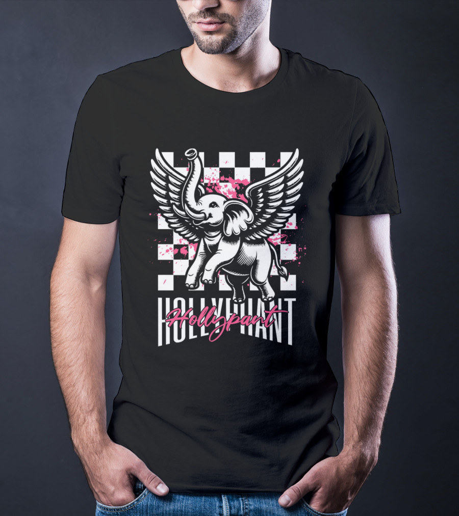 Hollypant Flying Elephant Checkered Pink Splatters T-Shirt