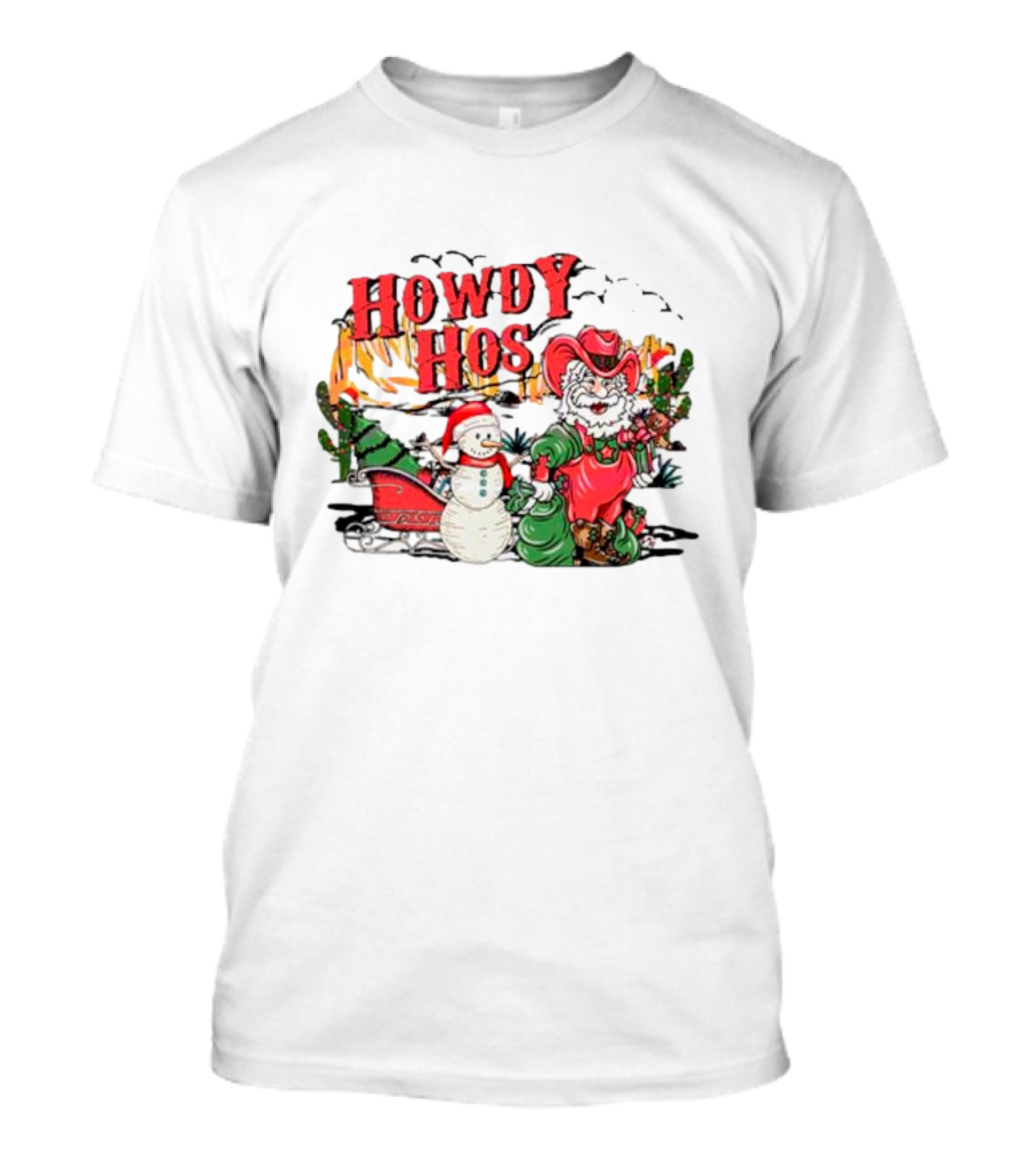 Howdy Hos Santa Snowman Sled Cowboy Christmas Scene T-Shirt