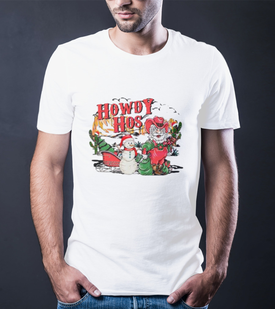 Howdy Hos Santa Snowman Sled Cowboy Christmas Scene T-Shirt