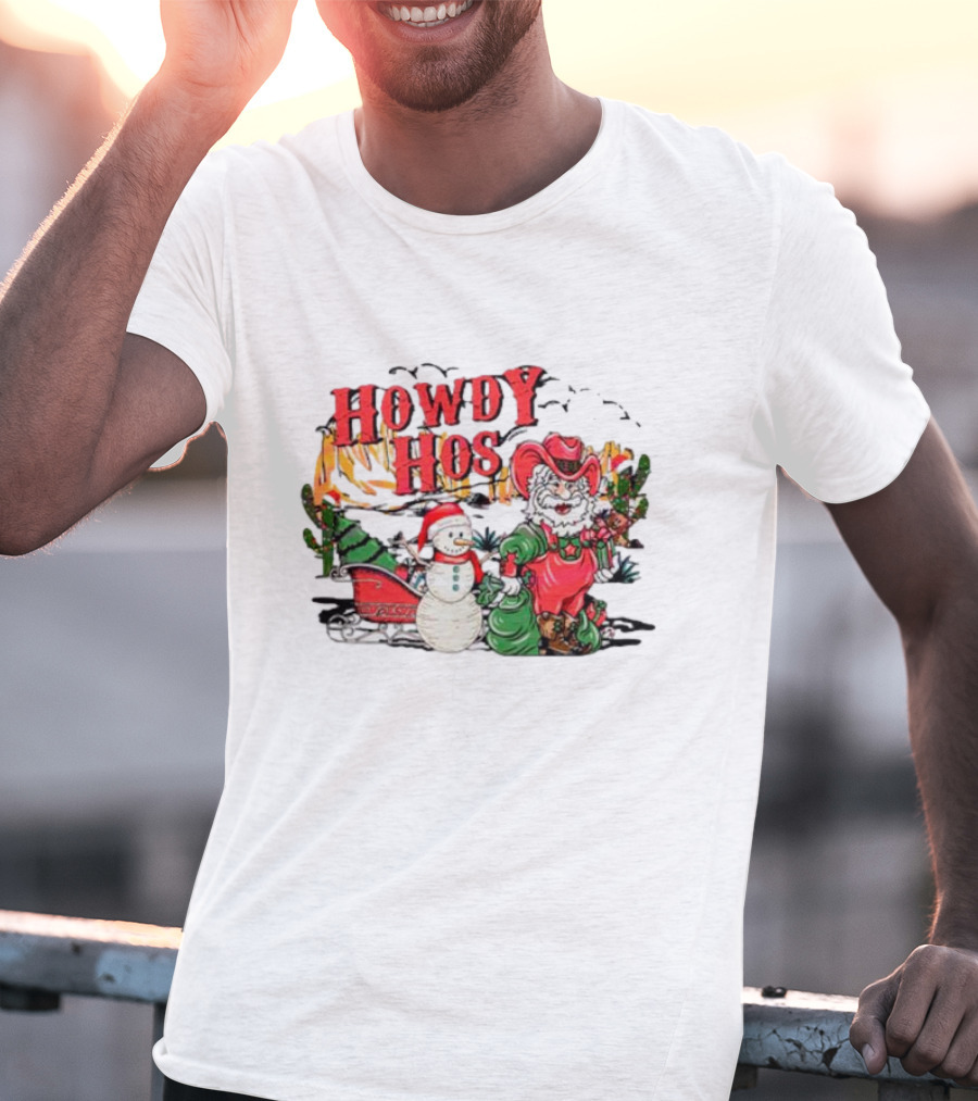 Howdy Hos Santa Snowman Sled Cowboy Christmas Scene T-Shirt