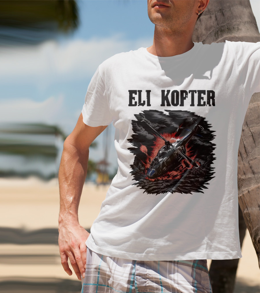 Eli Kopter Helicopter In Stormy Sky With Red Explosion T-Shirt