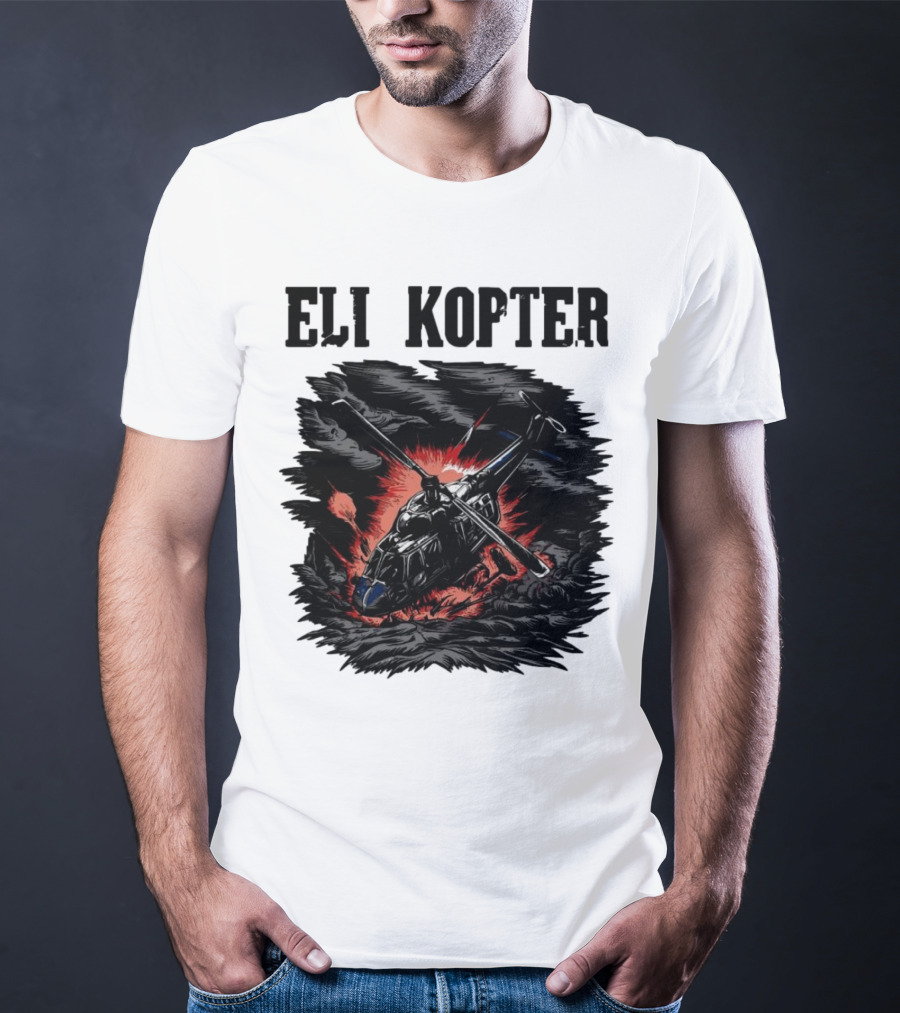 Eli Kopter Helicopter In Stormy Sky With Red Explosion T-Shirt