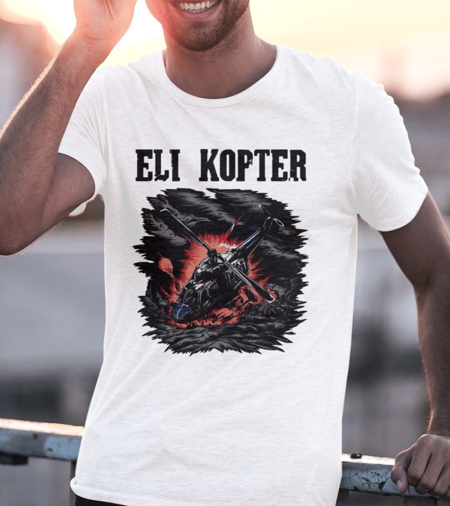Eli Kopter Helicopter In Stormy Sky With Red Explosion T-Shirt