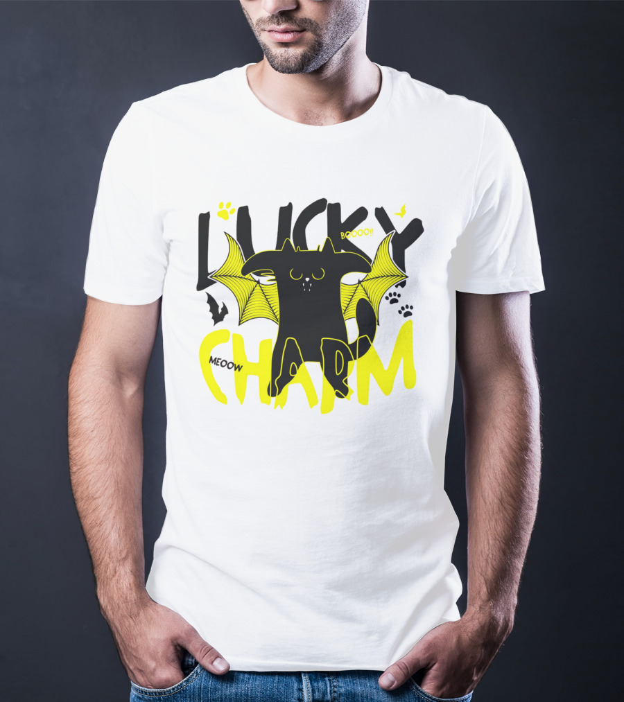 Lucky Charm Booo Meoow Bat Cat Halloween Paws T-Shirt