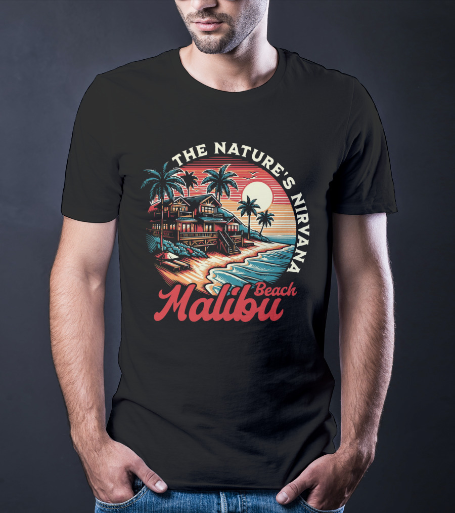 The Nature's Nirvana Malibu Beach Retro Sunset Scene T-Shirt