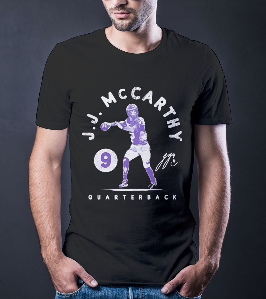J.J. McCarthy Quarterback 9 Signature Football T-Shirt
