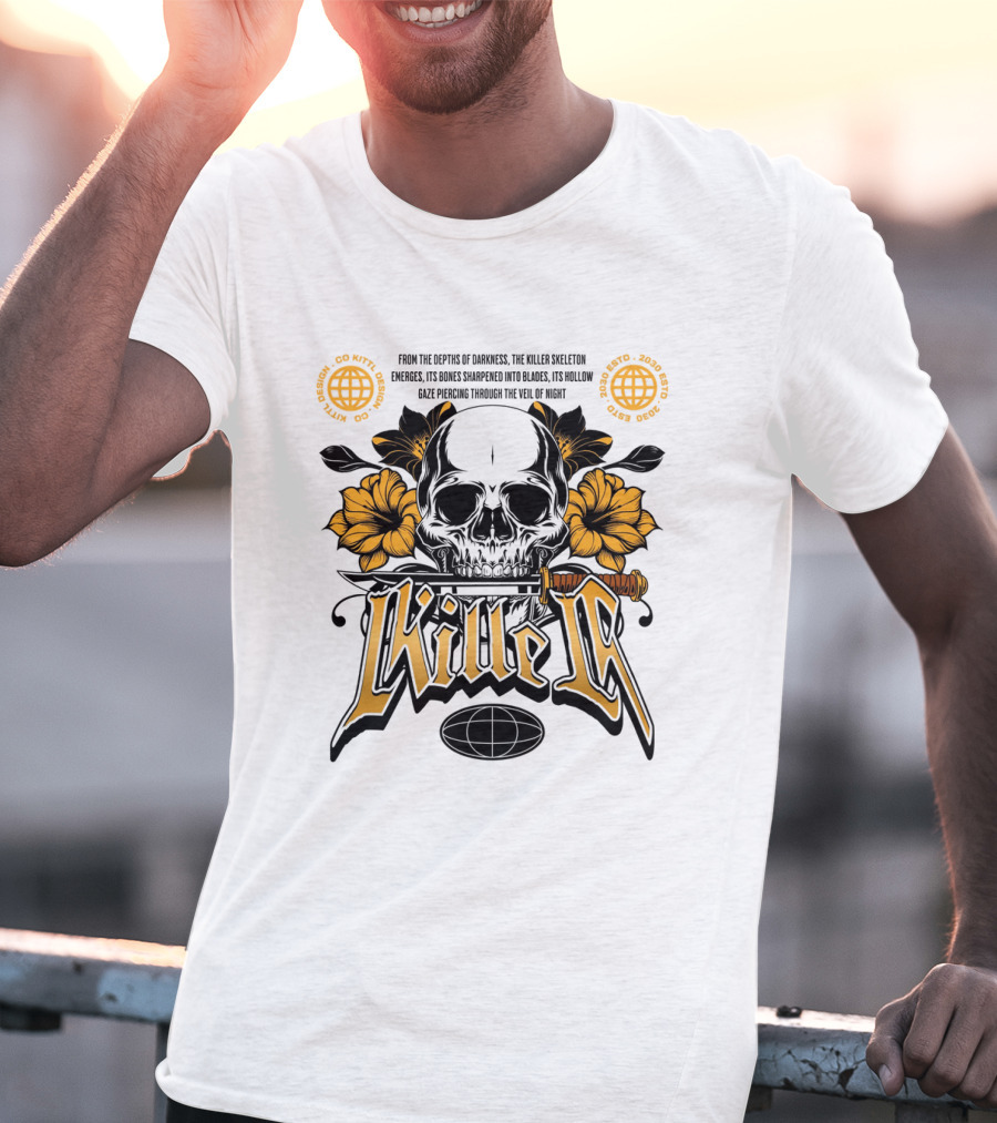 Killer Skeleton Dark Skull With Sword And Flowers T-Shirt