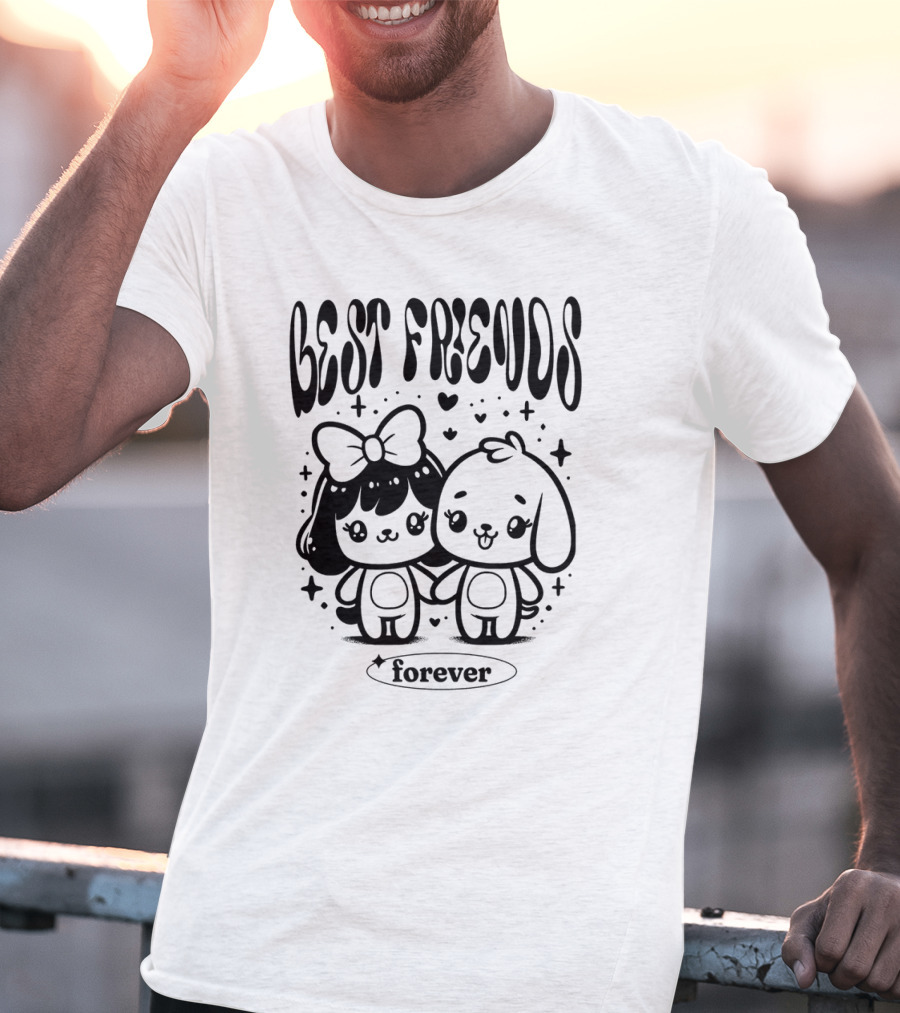 BEST FRIENDS FOREVER Cute Cartoon Characters Holding Hands With Hearts And Stars T-Shirt