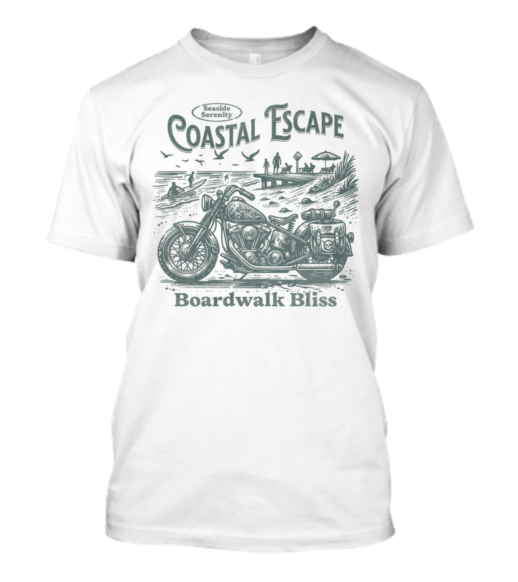 Seaside Serenity Coastal Escape Motorcycle Boardwalk Bliss T-Shirt