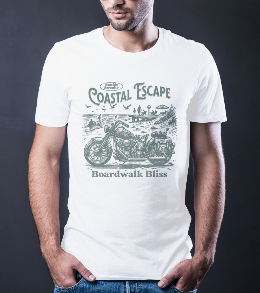 Seaside Serenity Coastal Escape Motorcycle Boardwalk Bliss T-Shirt
