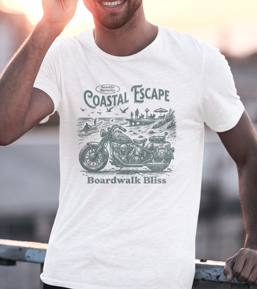 Seaside Serenity Coastal Escape Motorcycle Boardwalk Bliss T-Shirt