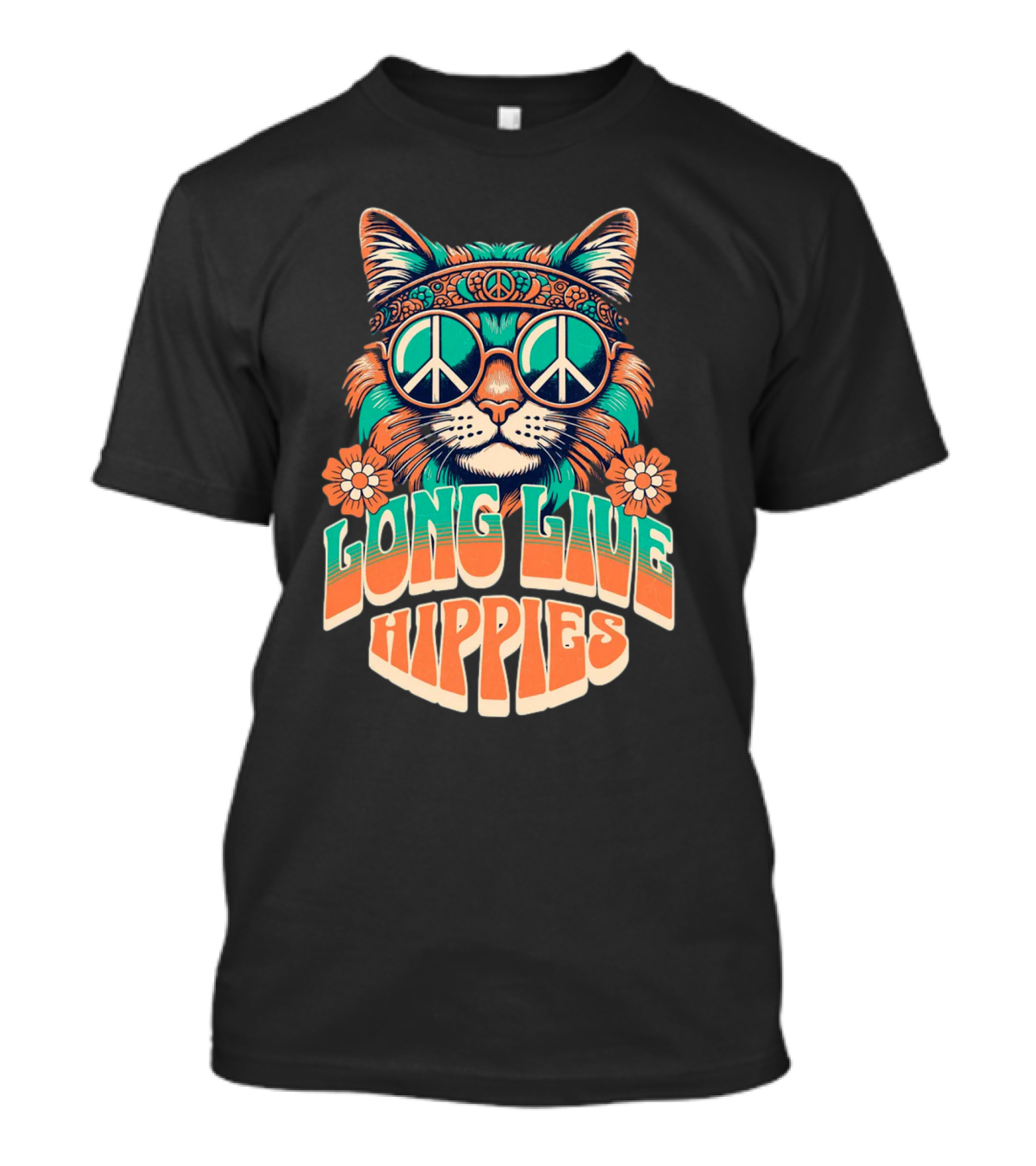 Long Live Hippies Cat With Peace Sign Glasses And Flowers T-Shirt