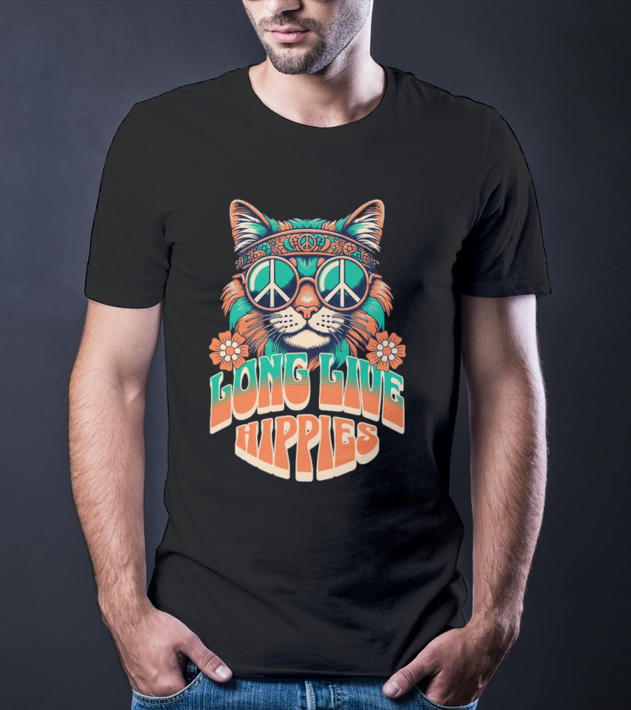 Long Live Hippies Cat With Peace Sign Glasses And Flowers T-Shirt