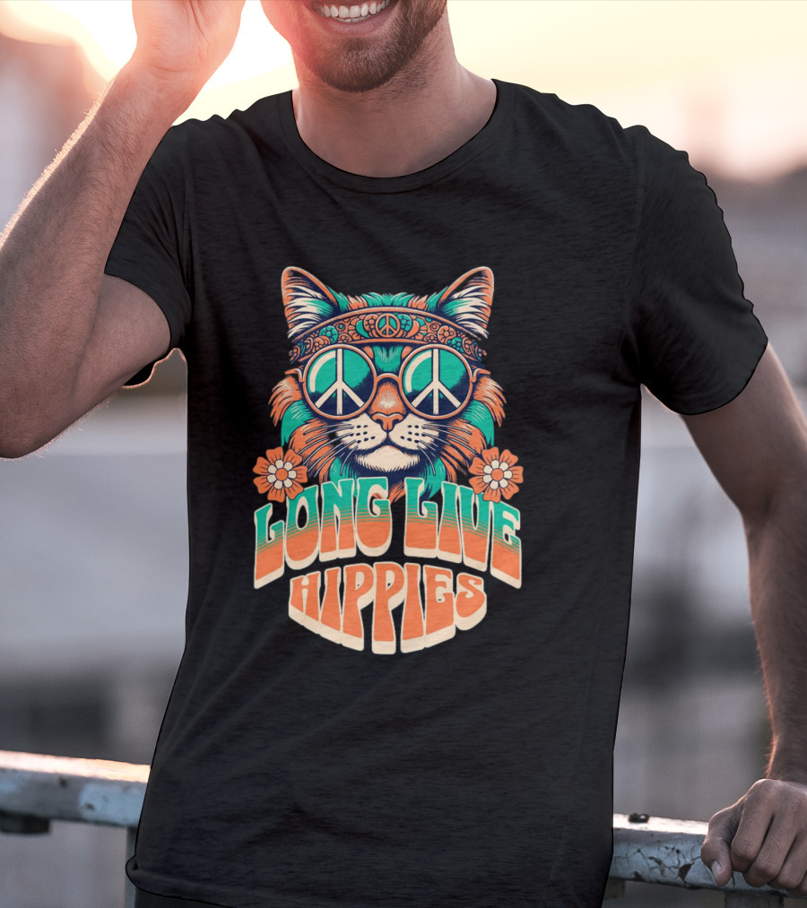 Long Live Hippies Cat With Peace Sign Glasses And Flowers T-Shirt