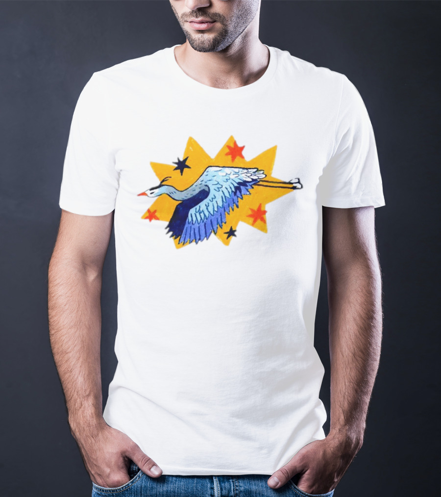 Grey Heron Flying Against Starry Yellow Burst T-Shirt