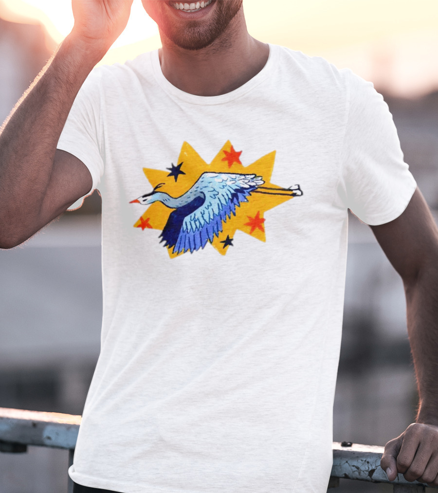 Grey Heron Flying Against Starry Yellow Burst T-Shirt
