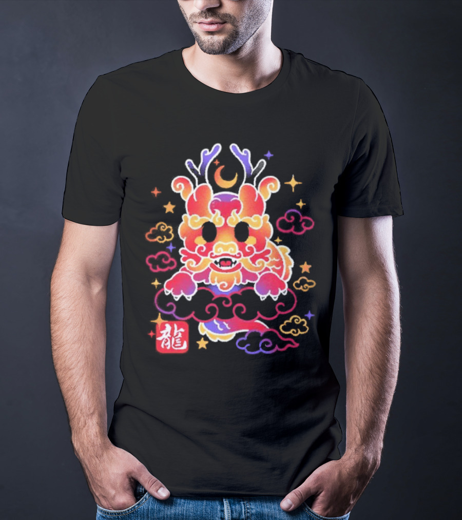 Kawaii Chinese Dragon With Colorful Clouds And Stars Asian Aesthetic T-Shirt