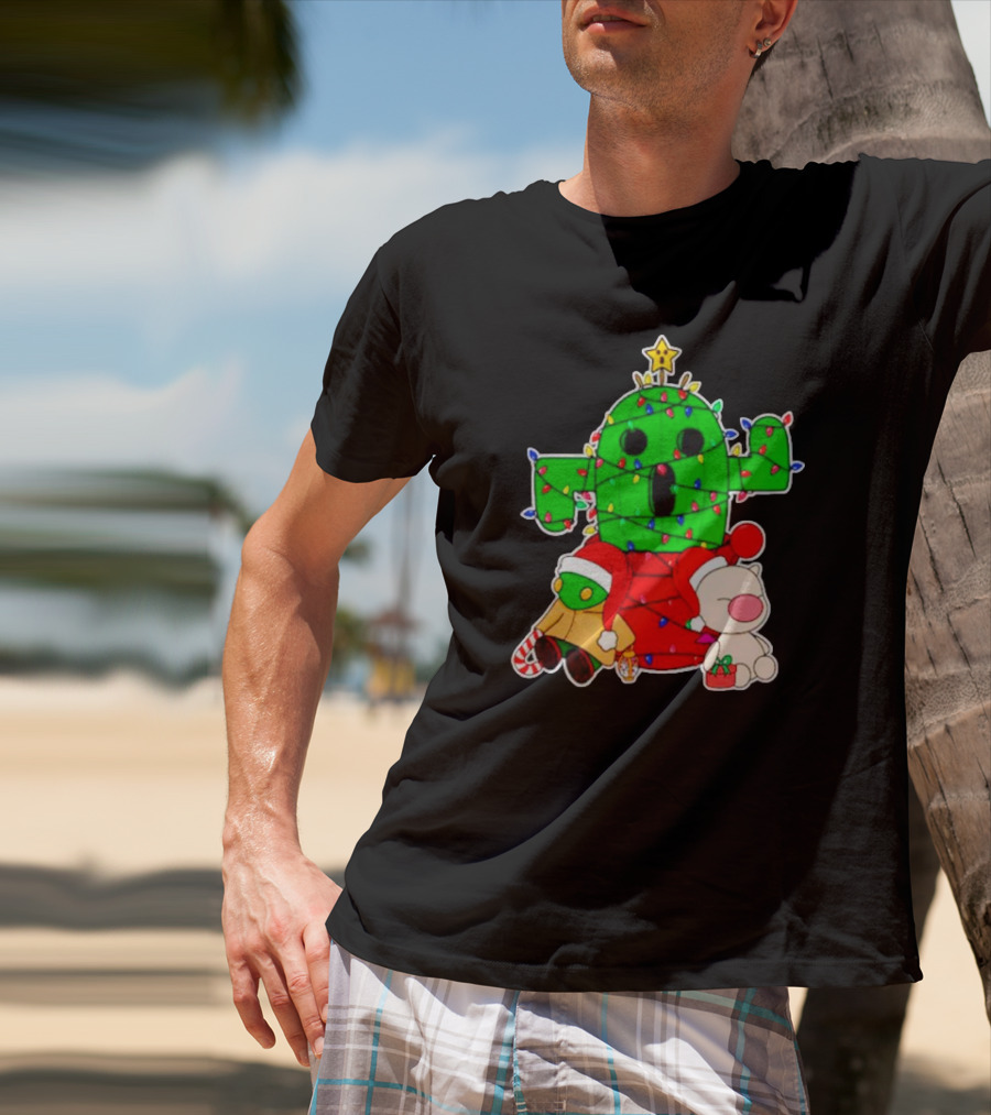 Funny Cactuar Christmas Lights With Moogle And Santa Costumes T-Shirt