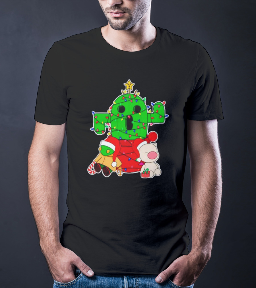 Funny Cactuar Christmas Lights With Moogle And Santa Costumes T-Shirt