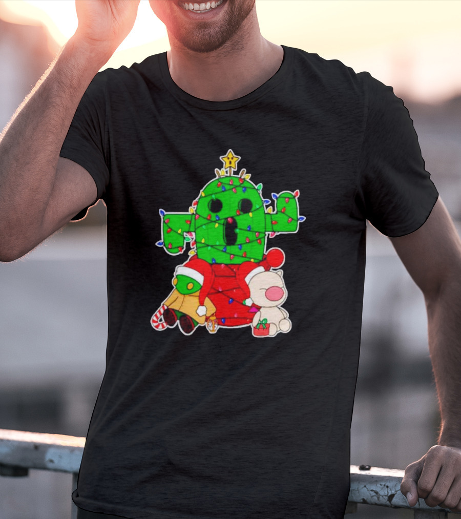 Funny Cactuar Christmas Lights With Moogle And Santa Costumes T-Shirt