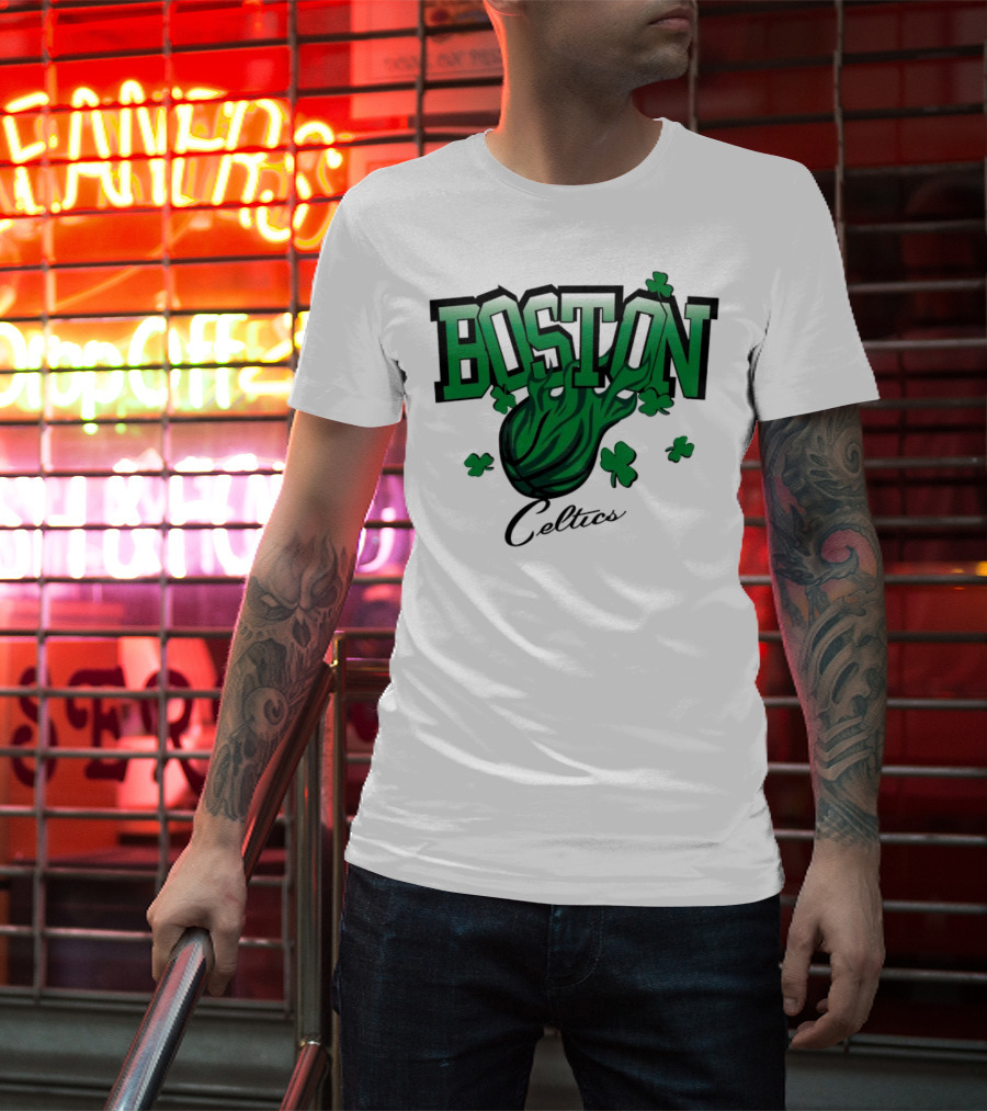 Boston Celtics Vintage Shamrock Basketball Flame T-Shirt