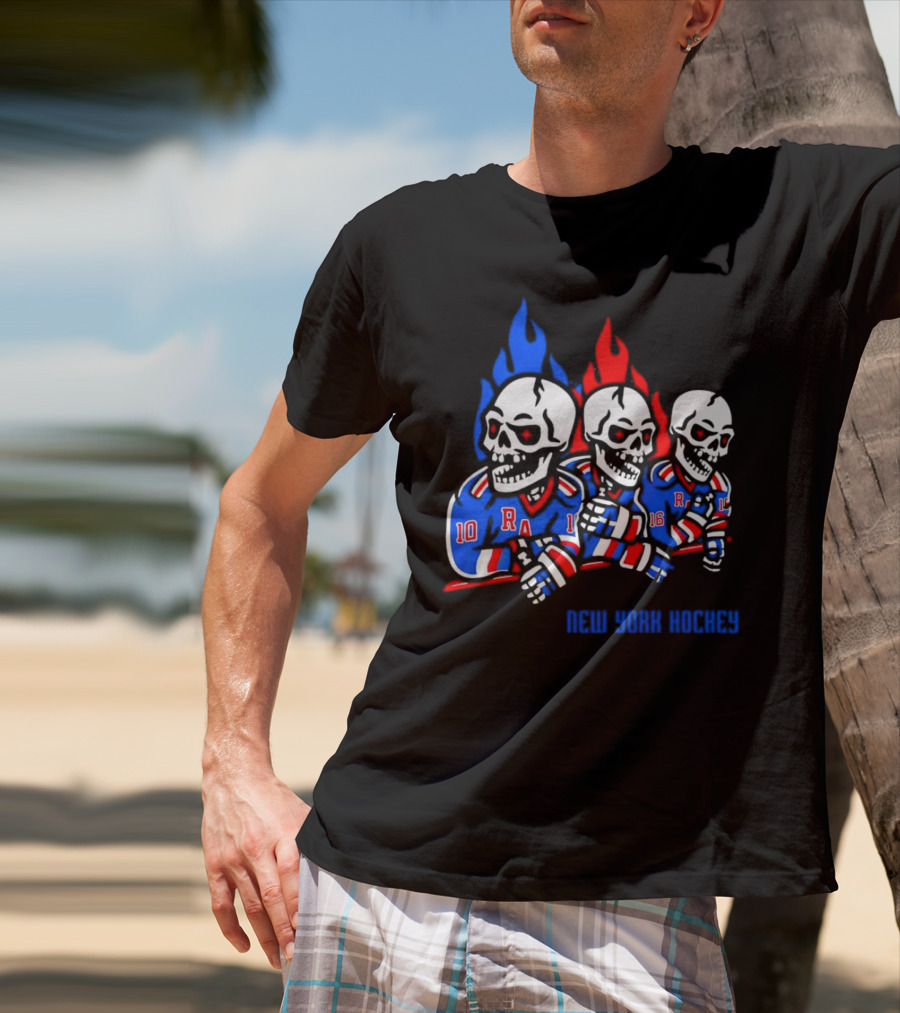 New York Rangers Skeleton Hockey Flames T-Shirt