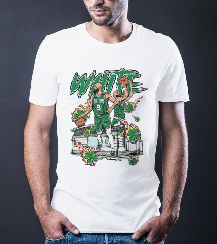 Boston Celtics White 9 Basketball Player With Shamrocks And Basketball Court T-Shirt