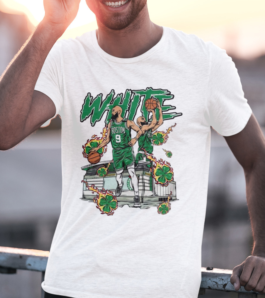 Boston Celtics White 9 Basketball Player With Shamrocks And Basketball Court T-Shirt